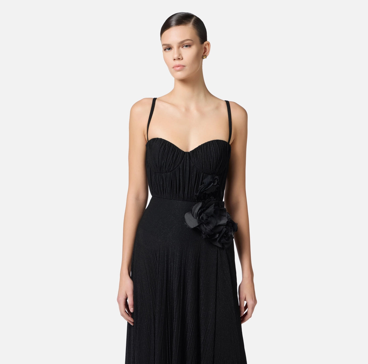 Red Carpet dress made of lurex jersey fabric with embroidered flower