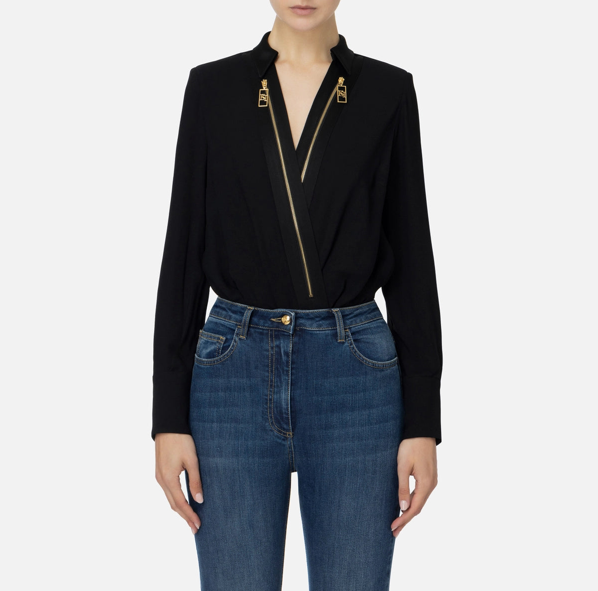 Bodysuit-style blouse in georgette and satin fabrics with zip