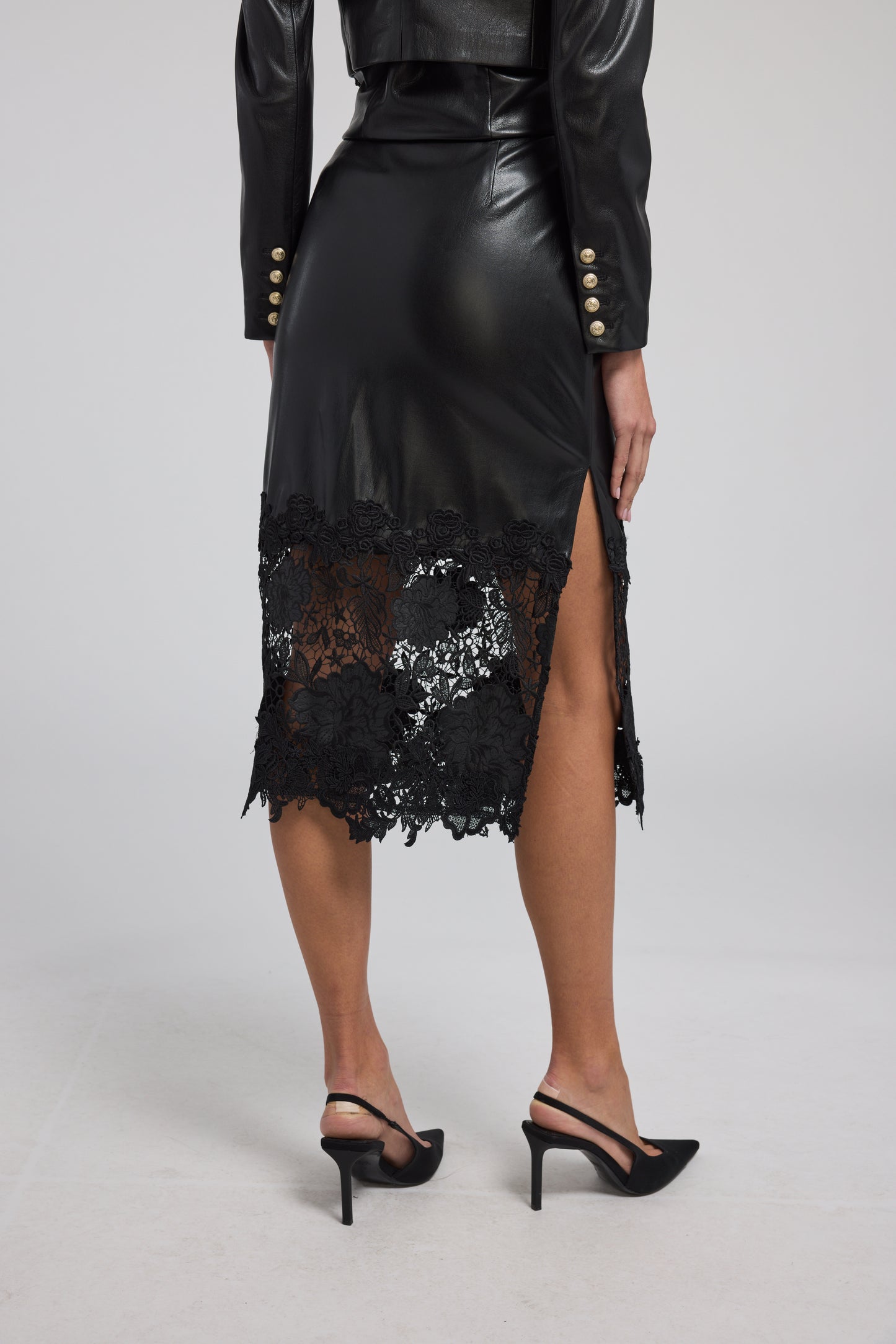 CHANTIRA VEGAN LEATHER GUIPURE COMBO SKIRT