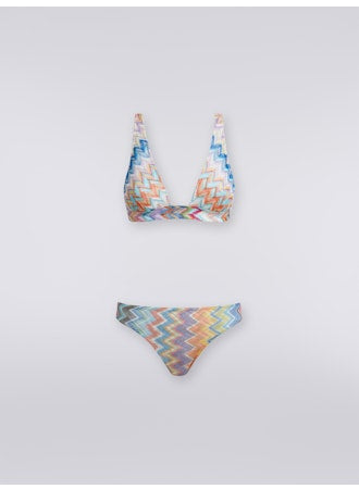 Zigzag viscose one-shoulder bikini with lurex