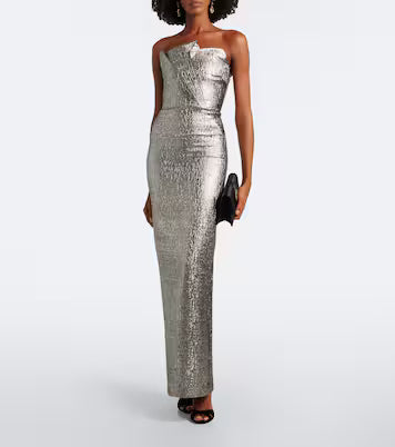 Pleated lamé jacquard bustier gown