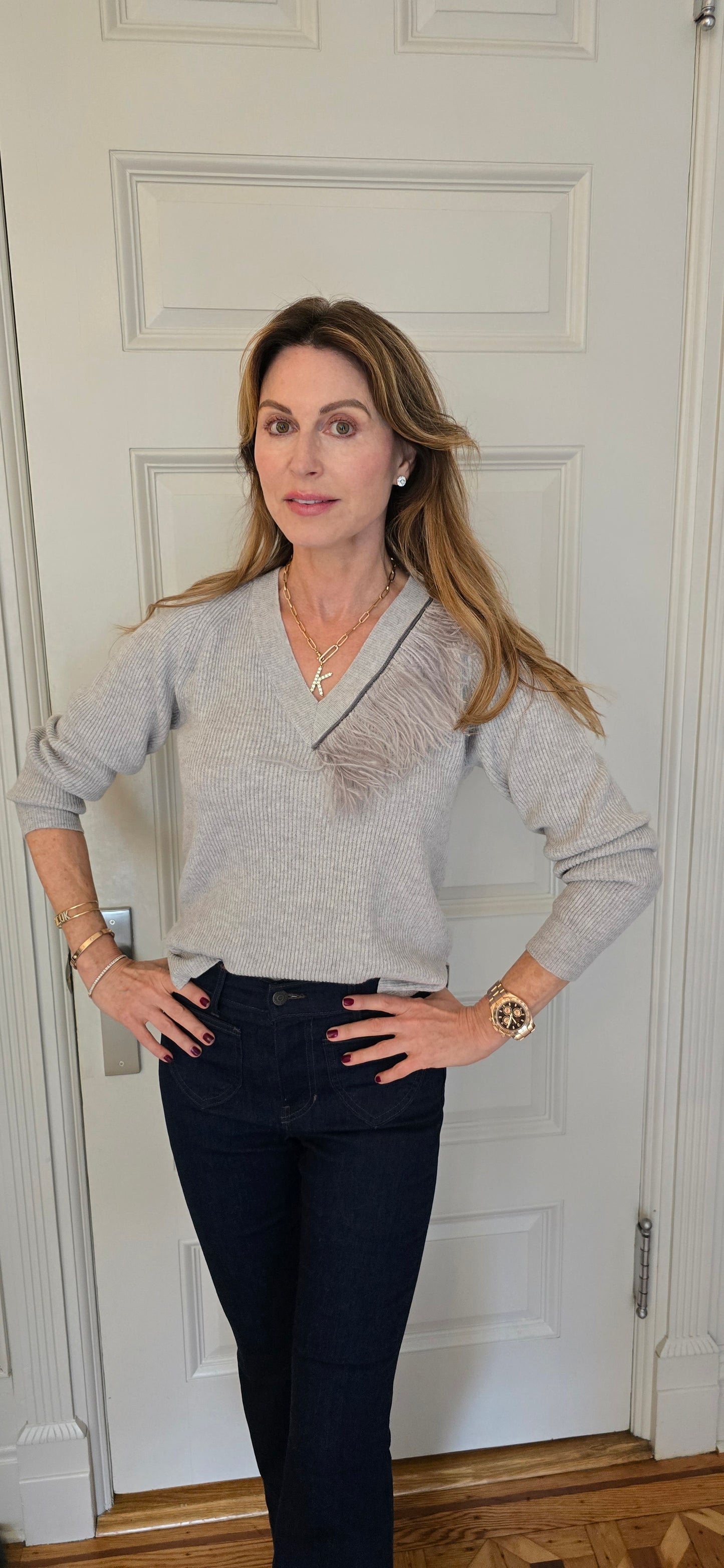 V neck with feather detail