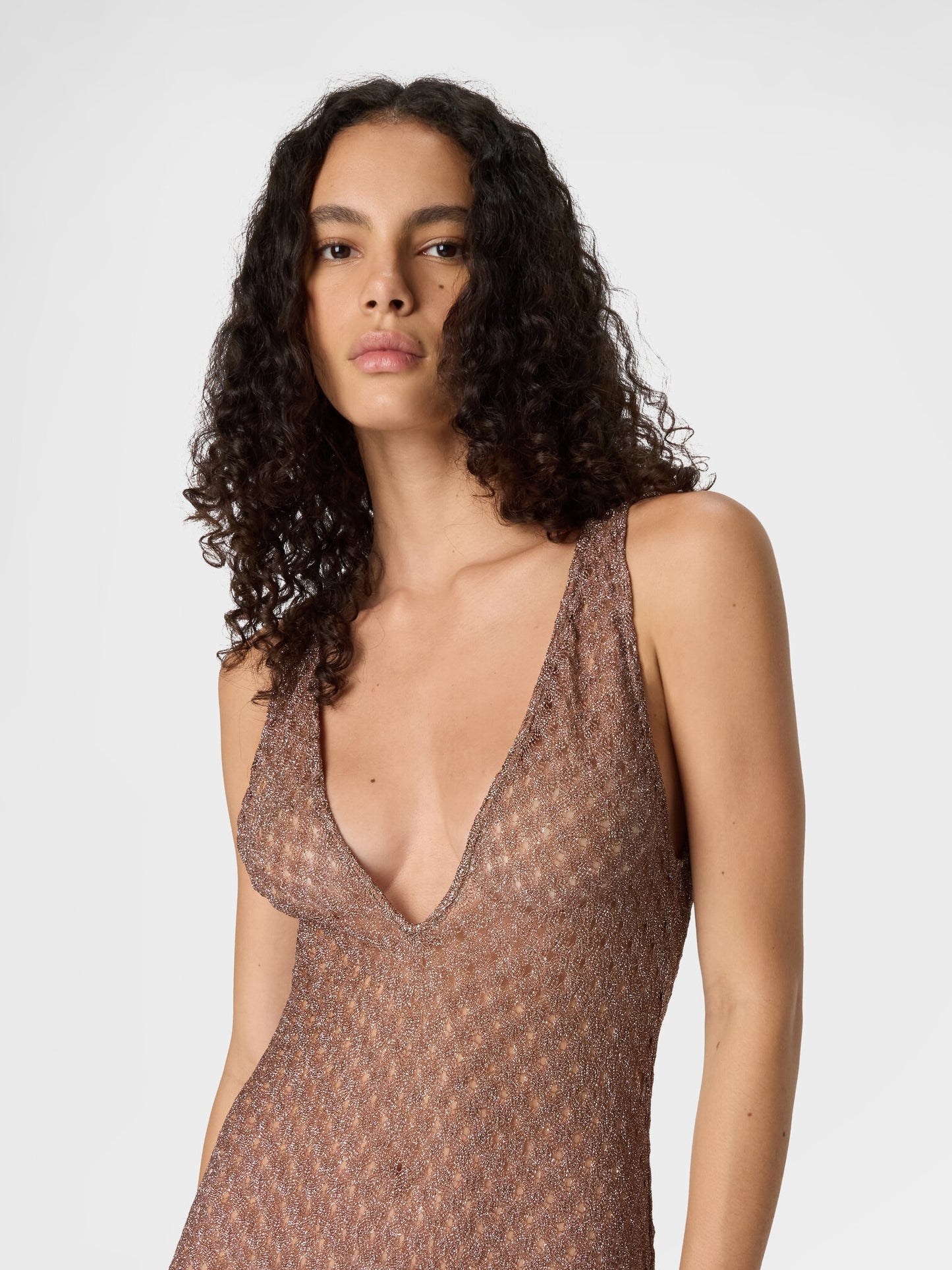Cover-up dress in lamé viscose with spiderweb motif and V-neckline
