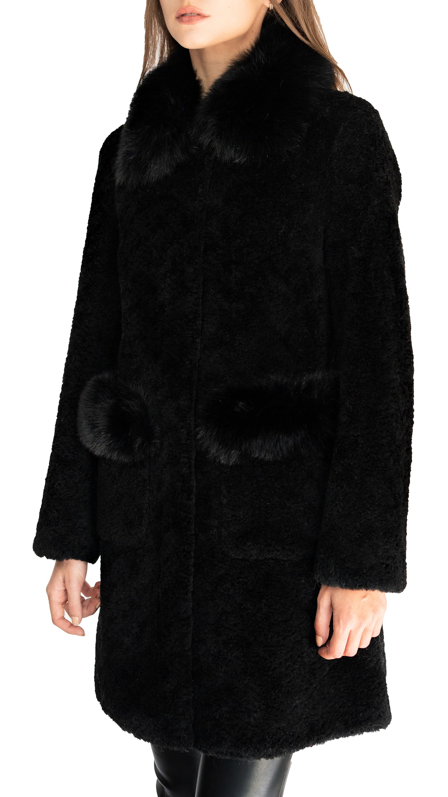Daniella Erin shearling coat with fox fur trimmed collar and pockets in oat color Edit alt text