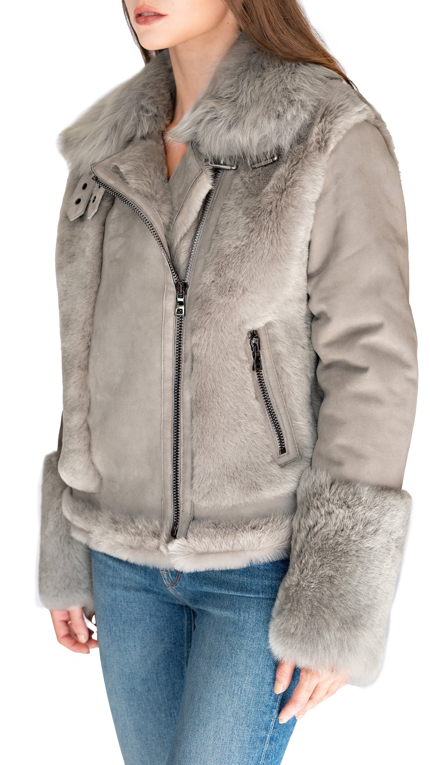 HISO coat with Foldover collar with two buckles Long sleeves, wool out cuff detail Asymmetric dual front zip closure