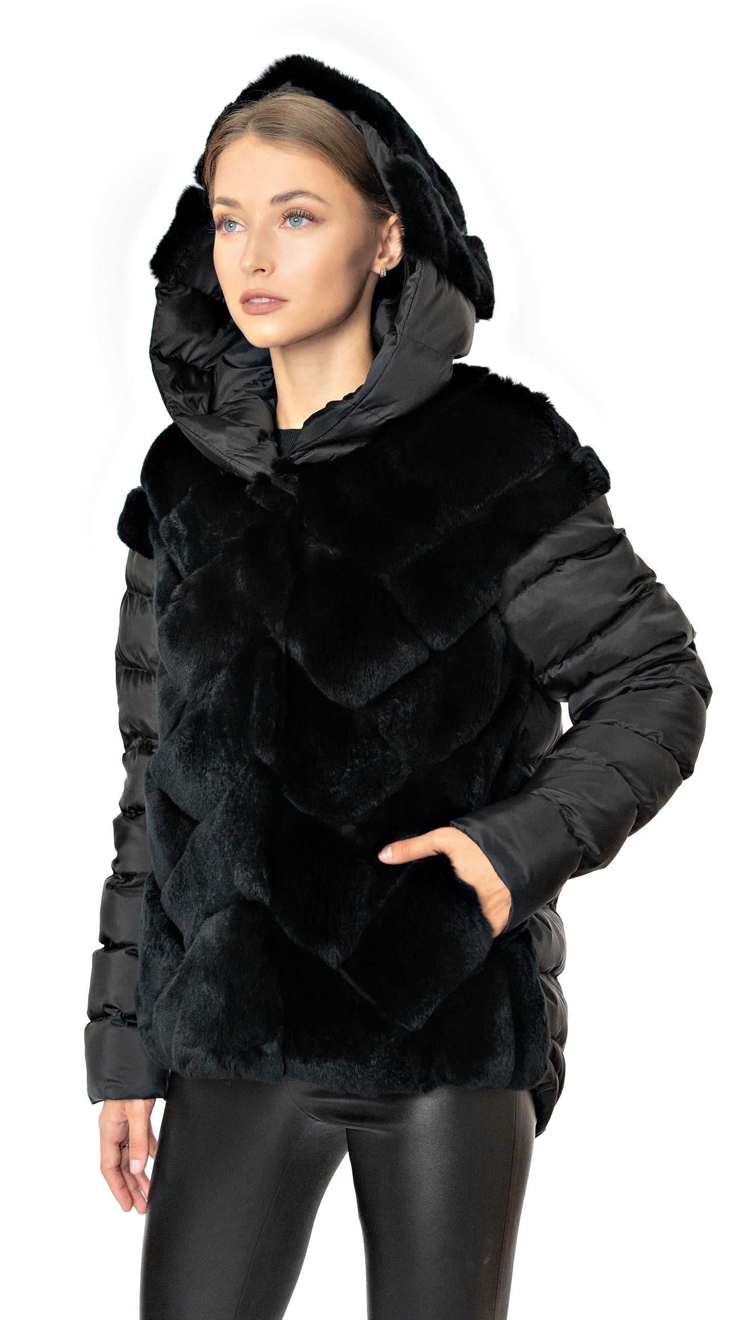 Rizal puffer jacket with rex fur details with hood in black