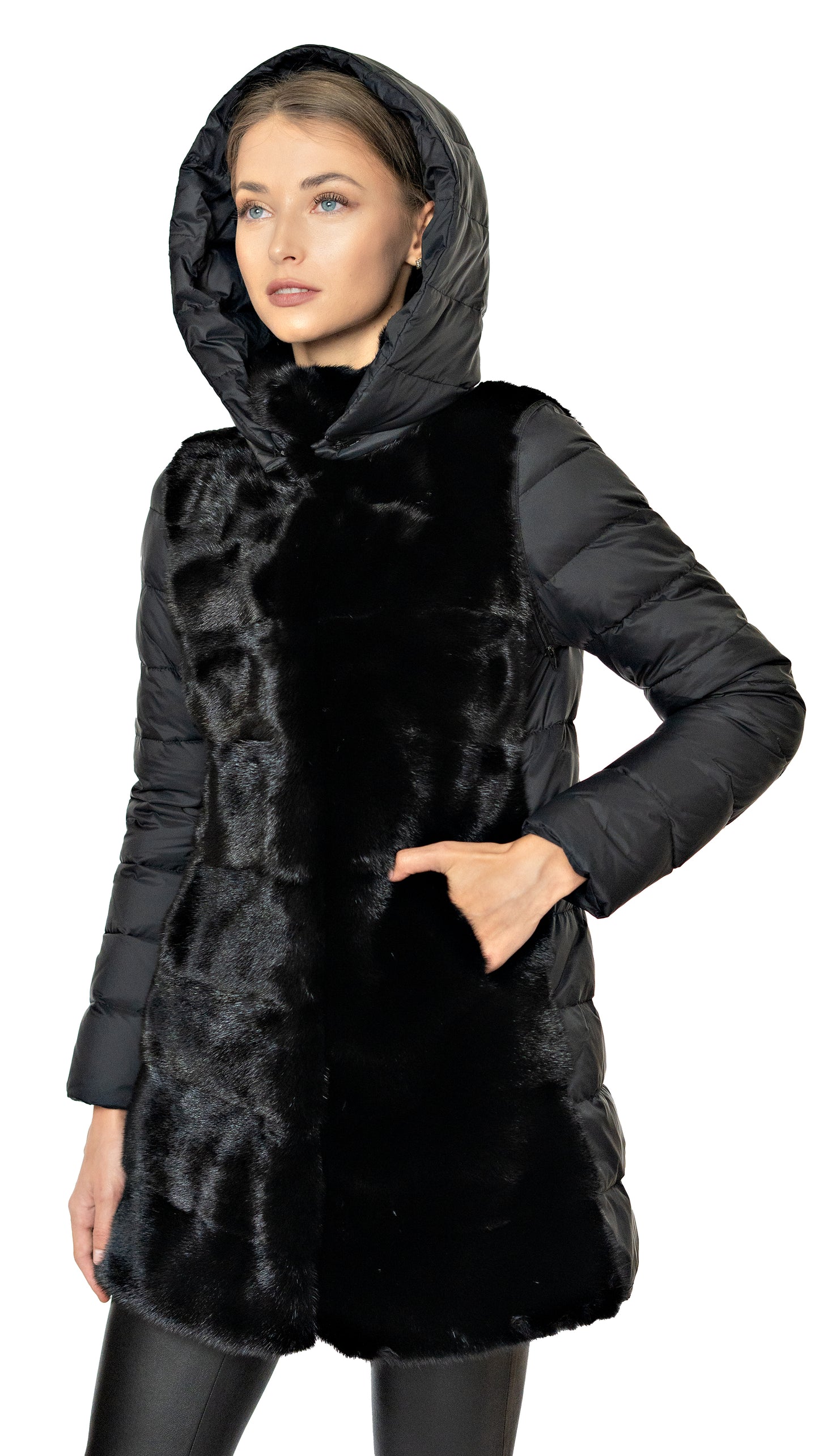 Long down hooded jacket with mink fur front in black
