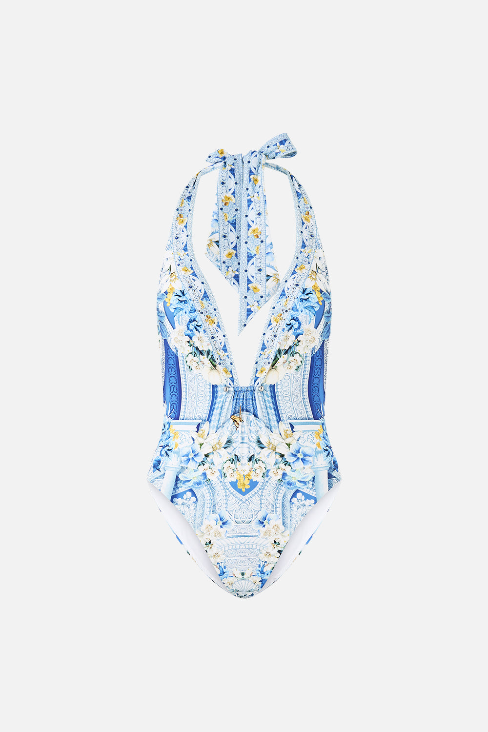 PLUNGE HALTER ONE PIECE W BAR FRONT TRIM