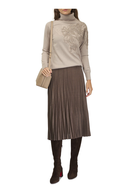 Taupe Wool Pleated Midi Skirt