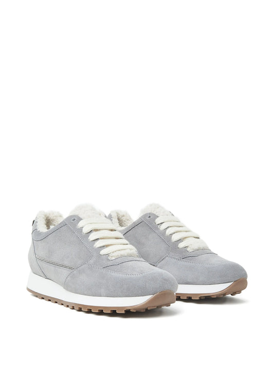 Suede shearling-trim sneakers