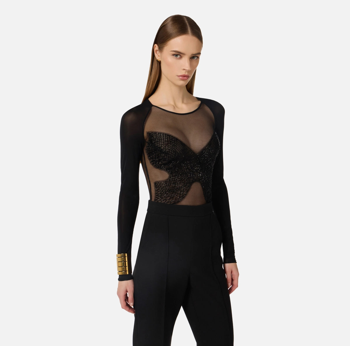 Bodysuit in jersey and tulle with crystals