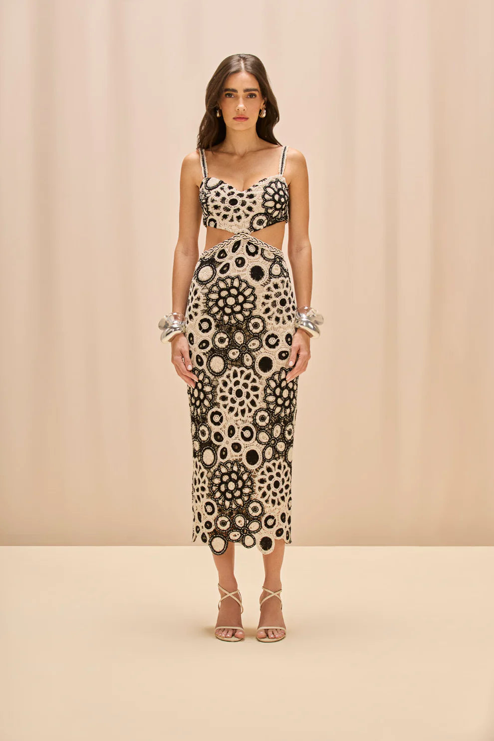 CORAL CROCHET CUTOUT MIDI DRESS