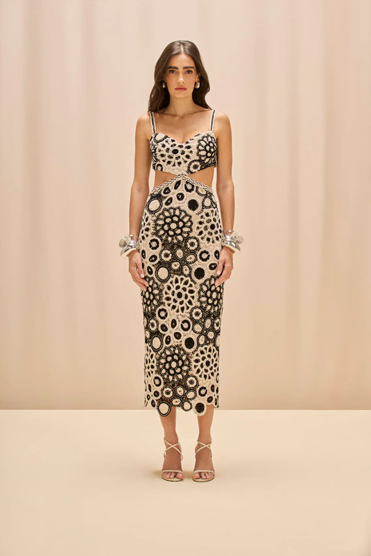 CORAL CROCHET CUTOUT MIDI DRESS