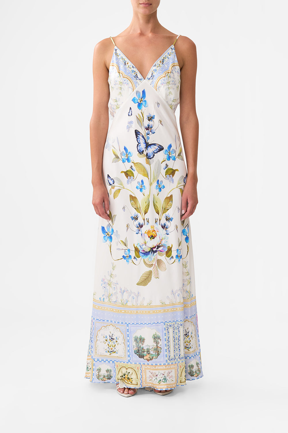 V-NECK LONG BIAS SLIP DRESS WITH TRAIN
