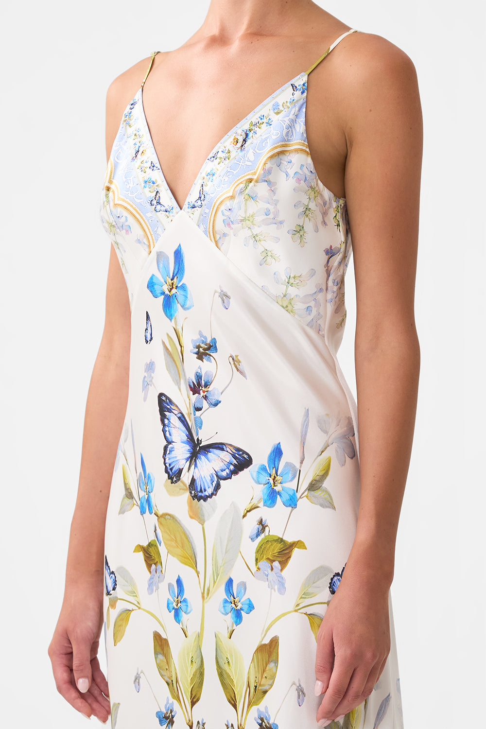 V-NECK LONG BIAS SLIP DRESS WITH TRAIN
