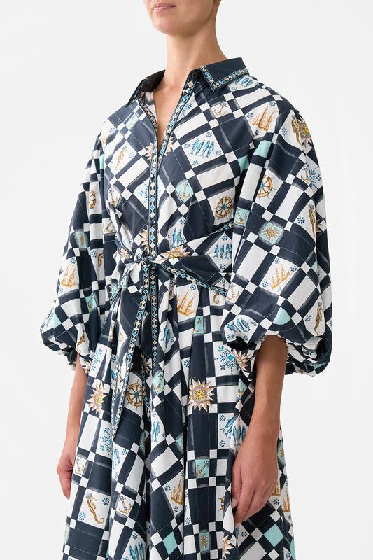 Waist Tie Shirt Dress With Bubble Sleeve Folk Afloat