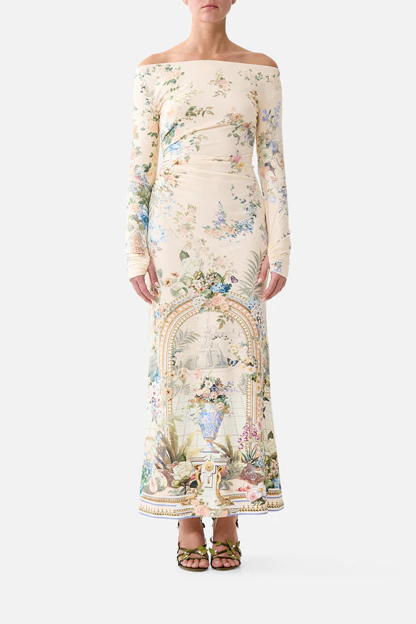 OFF SHOULDER GATHERED JERSEY DRESS