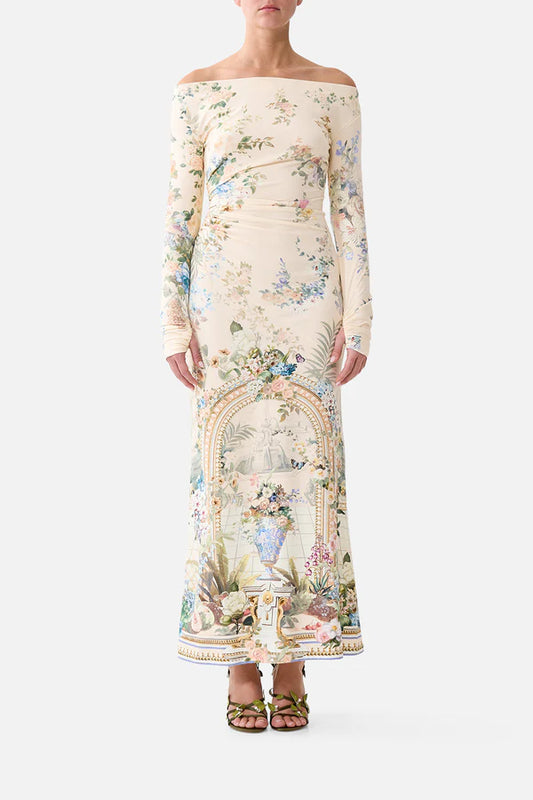 OFF SHOULDER GATHERED JERSEY DRESS