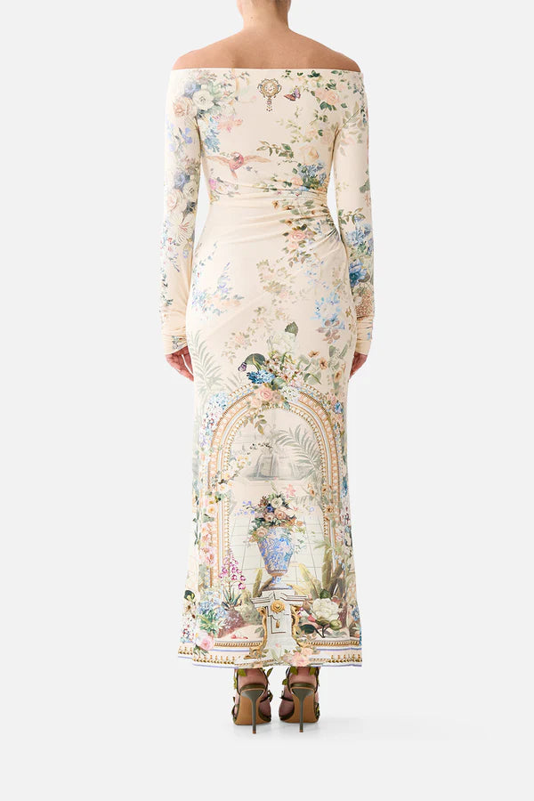OFF SHOULDER GATHERED JERSEY DRESS