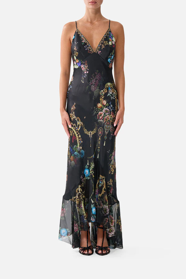 V NECK SLIP DRESS WITH FLOUNCE HEM