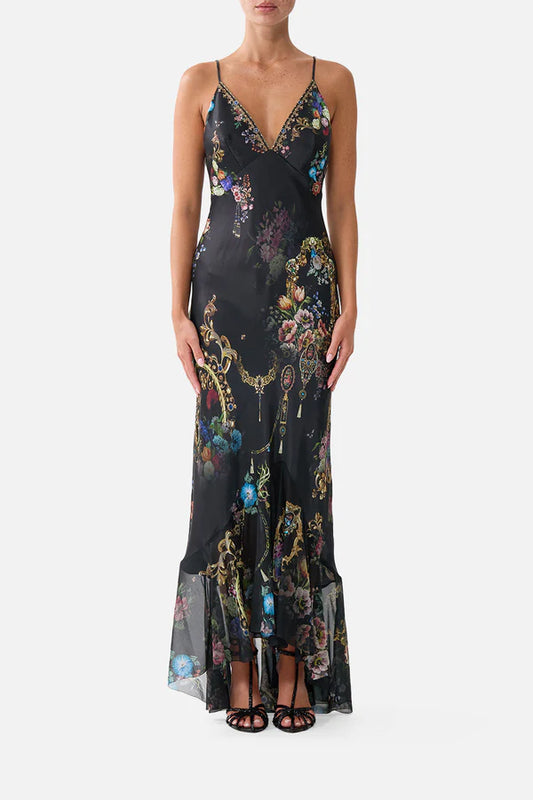 V NECK SLIP DRESS WITH FLOUNCE HEM