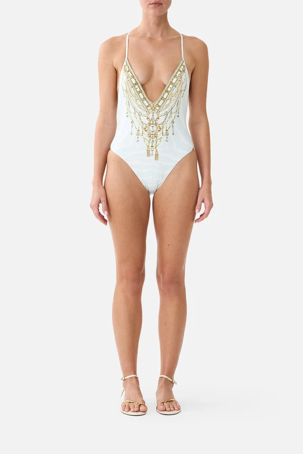 Padded V Neck Cross Back One Piece