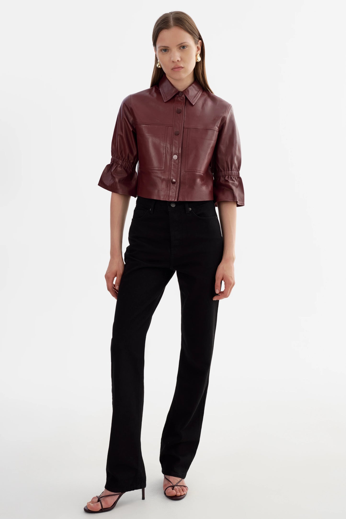 Carolina Cropped Ruffle-Sleeve Leather Jacket