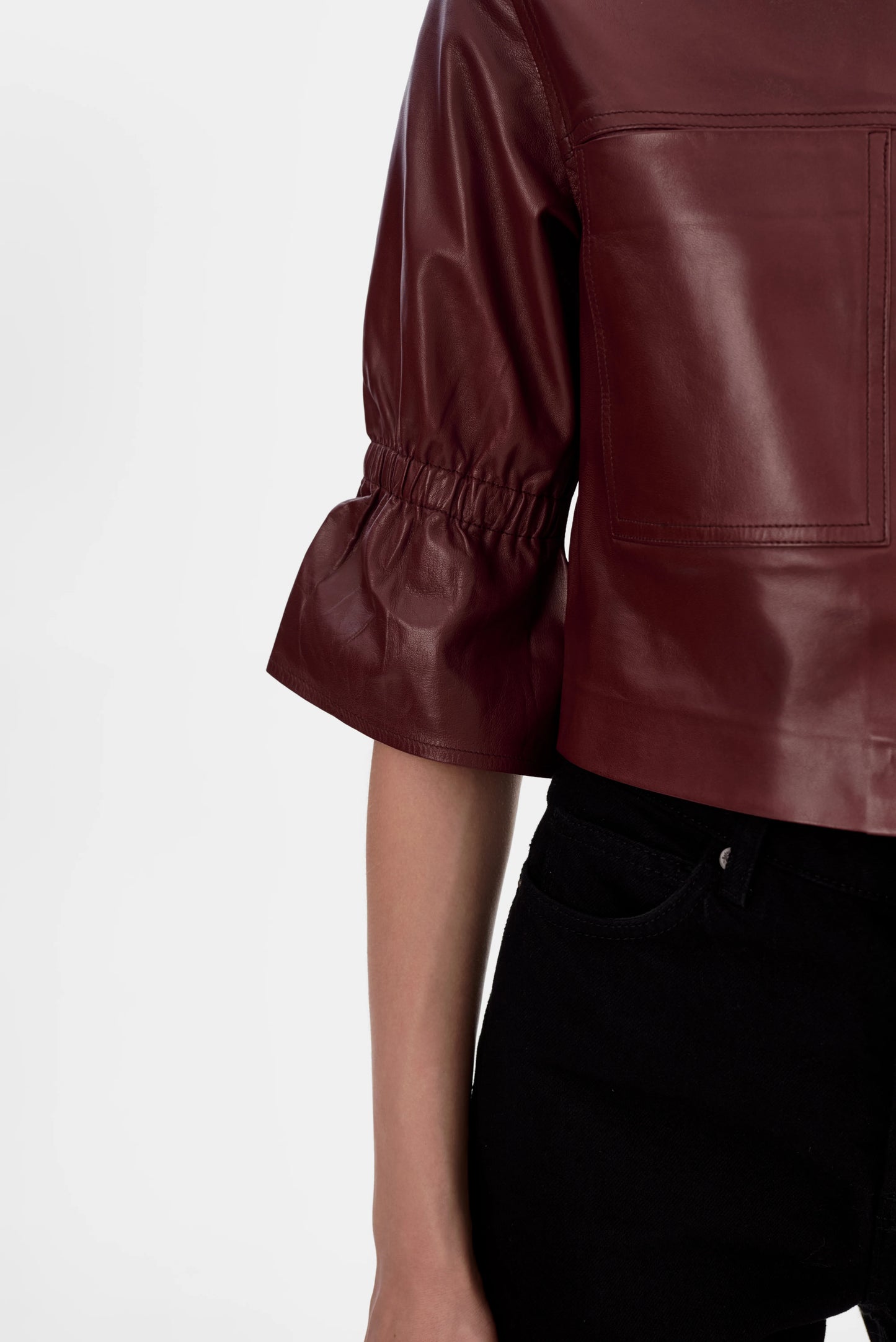 Carolina Cropped Ruffle-Sleeve Leather Jacket