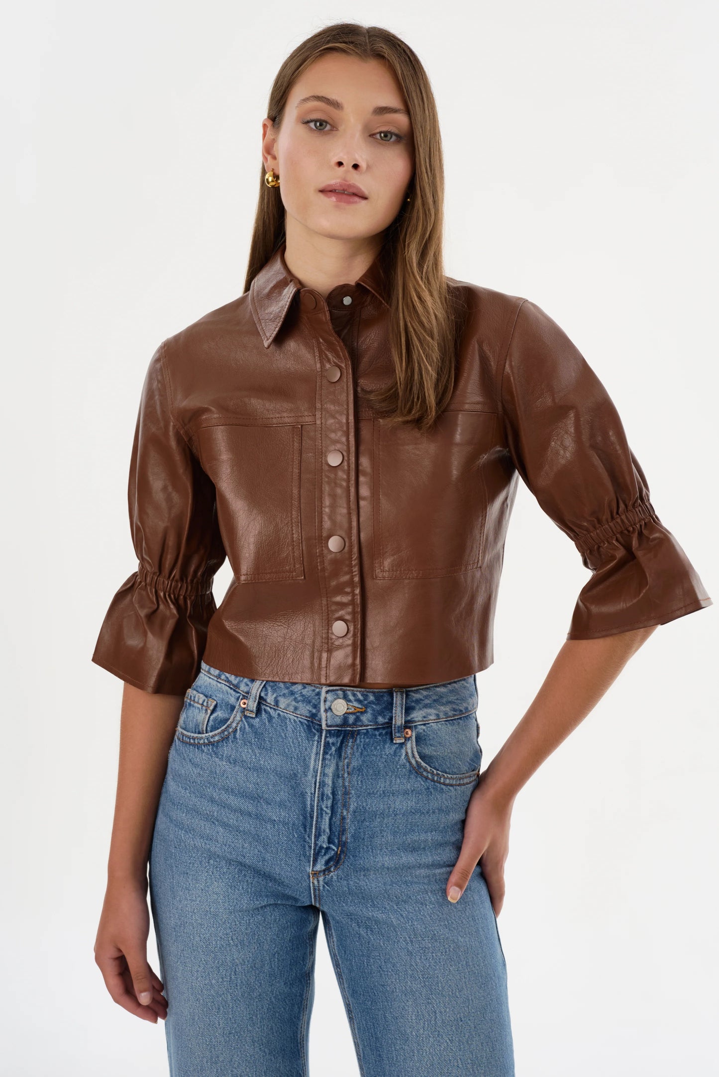 Carolina Cropped Ruffle-Sleeve Leather Jacket