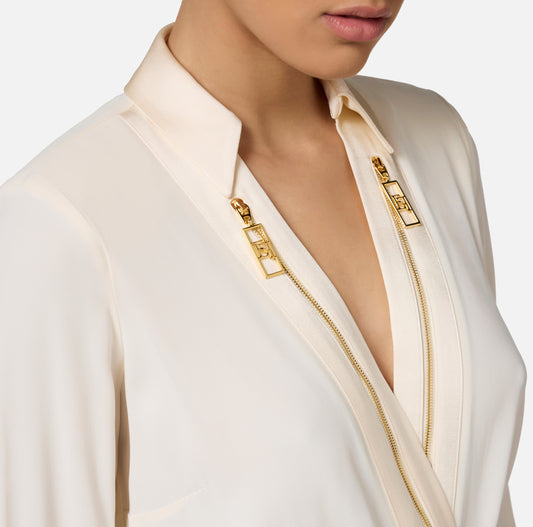 Bodysuit-style blouse in georgette and satin fabrics with zip