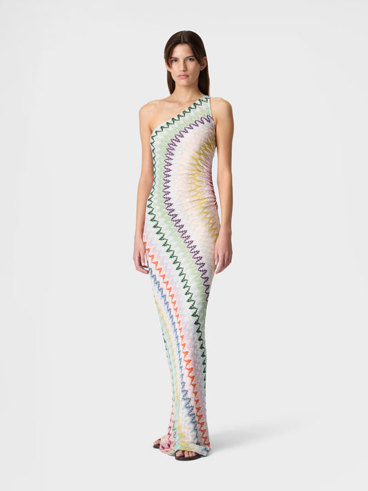 One-shoulder long dress in chevron lamé viscose