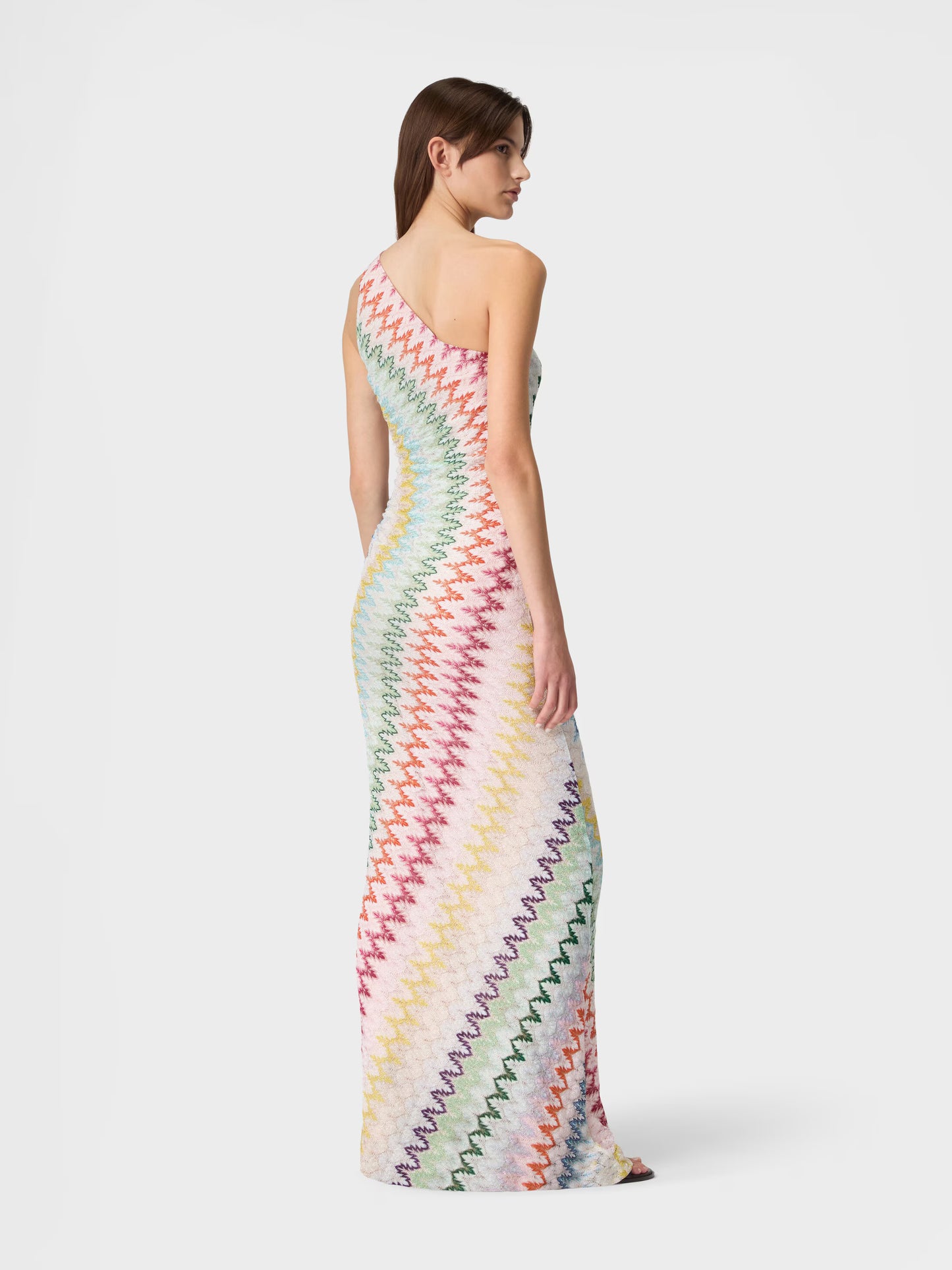 One-shoulder long dress in chevron lamé viscose
