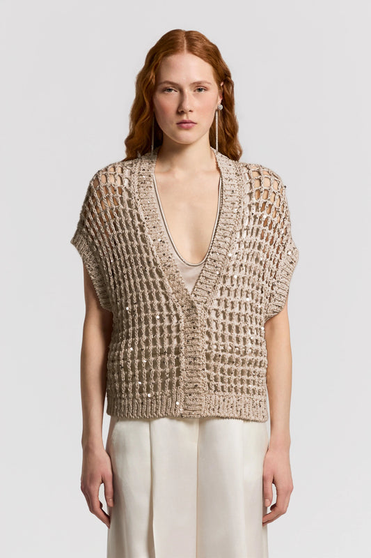 Cotton ribbon cardigan with sequins