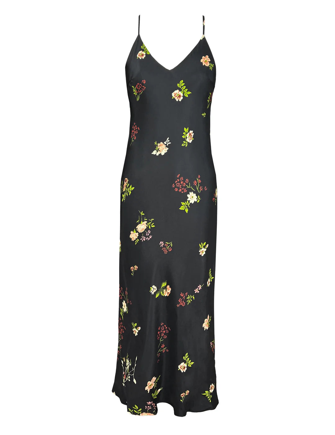 Printed Long Bias Dress - Black Enchanted Garden Print