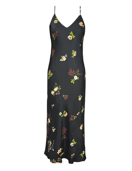 Printed Long Bias Dress - Black Enchanted Garden Print