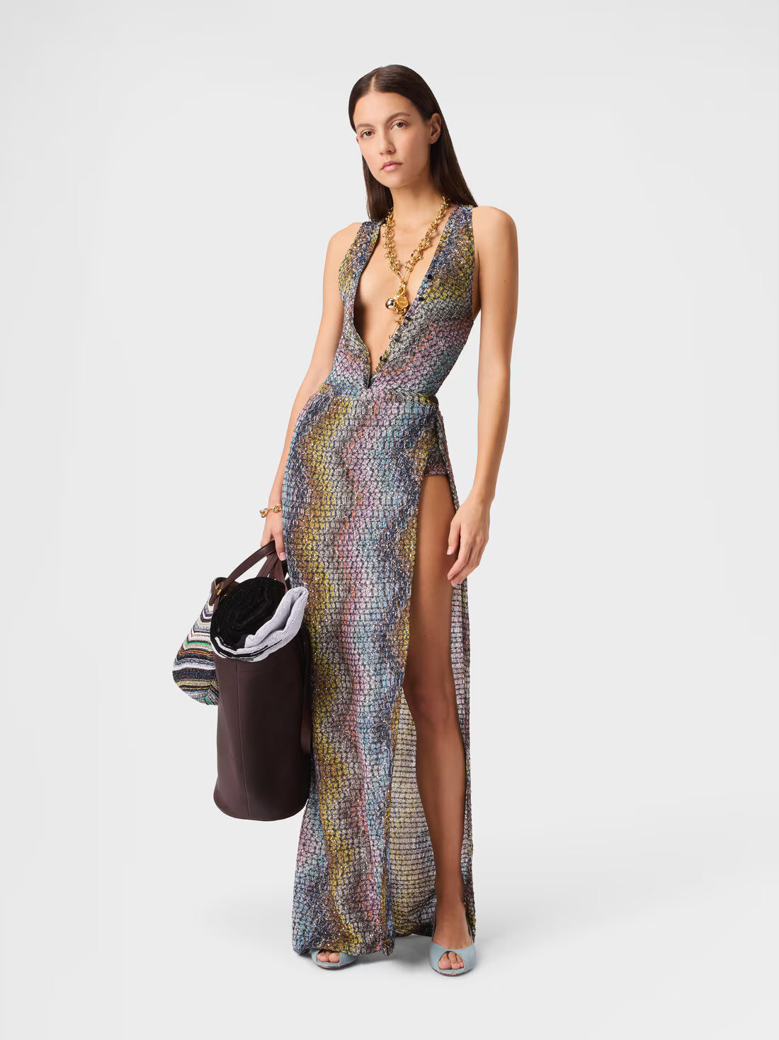 Long skirt in viscose lamé with zig zag motif