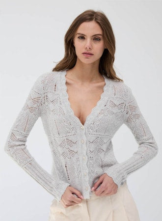 Scalloped Sequin Pointelle-Knit Cardigan