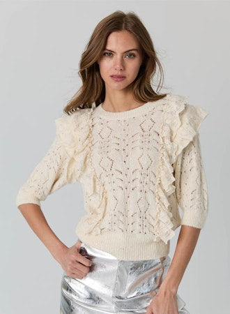 Open Pointelle Sequin Puff Sleeve Crew w/ Lace