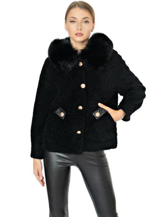 Women’s Shearling and Fox Fur Hooded Jacket with Gold Button Detail