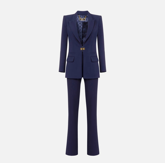 Double layer stretch crêpe suit with straight jacket and palazzo trousers