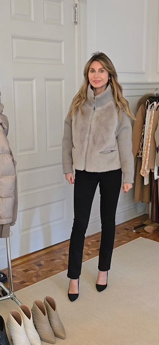 Faux mink jacket with knitted sleeves