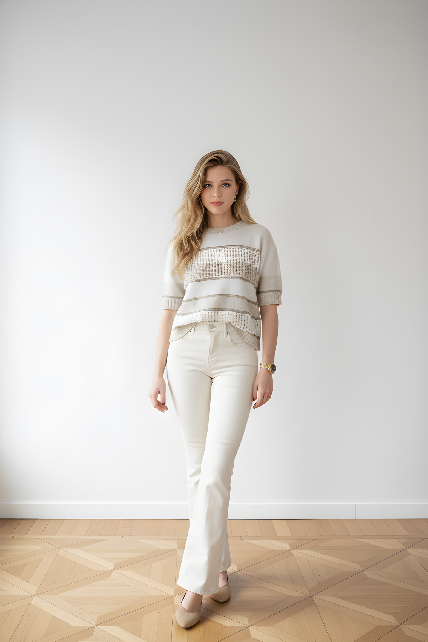 Short sleeve stripe sweater