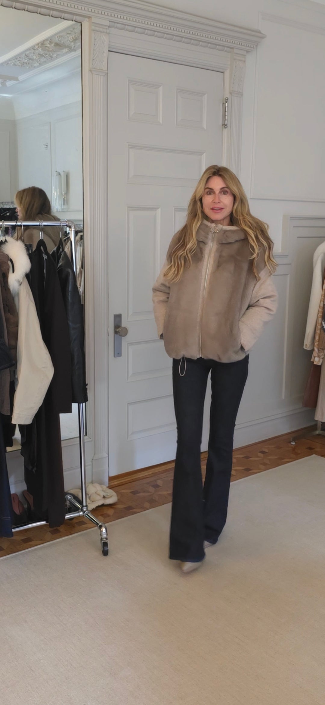 Mink Front hooded wool and cashmere coat