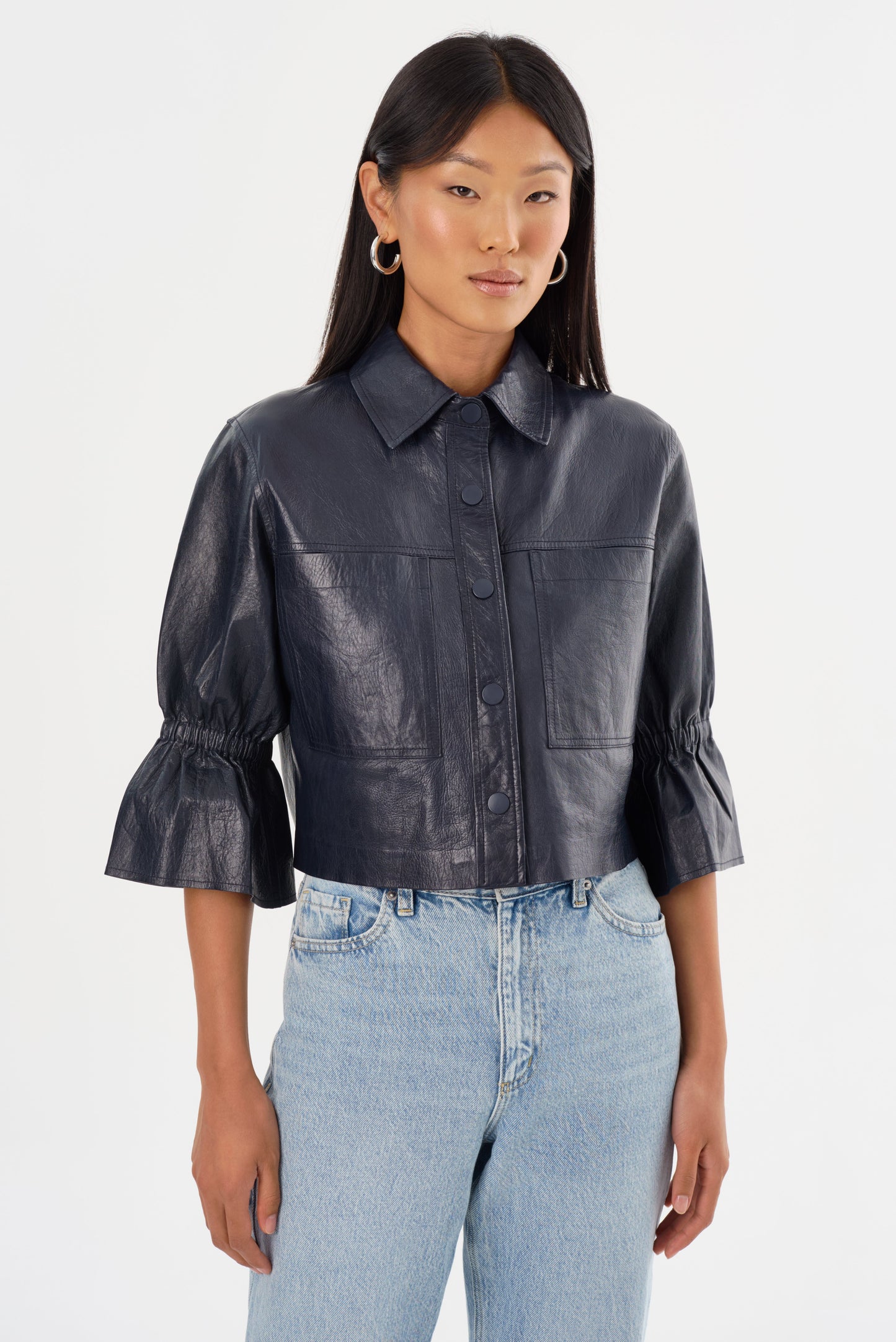 Carolina Cropped Ruffle-Sleeve Leather Jacket