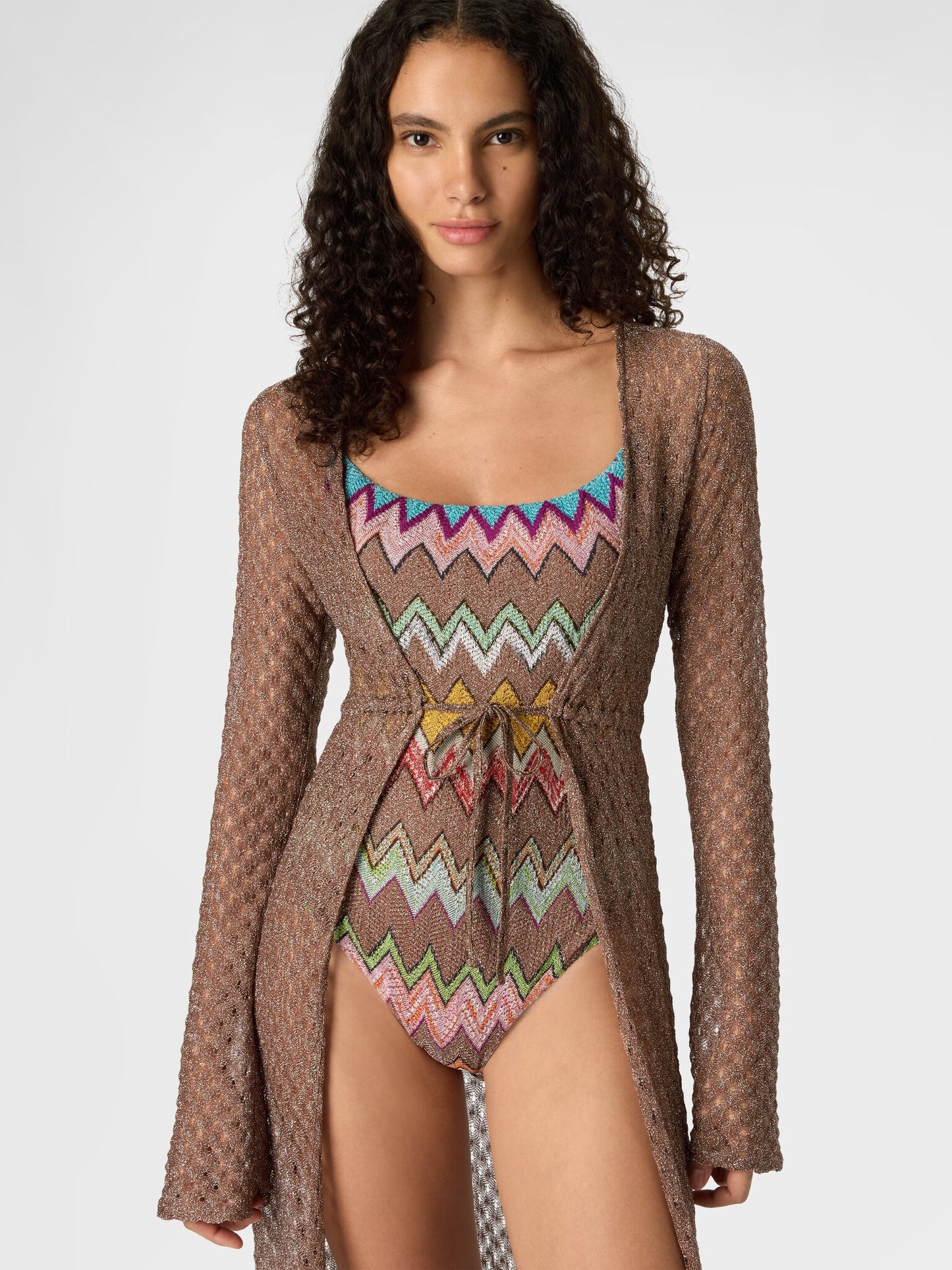 Long cardigan in lamé viscose with spiderweb motif