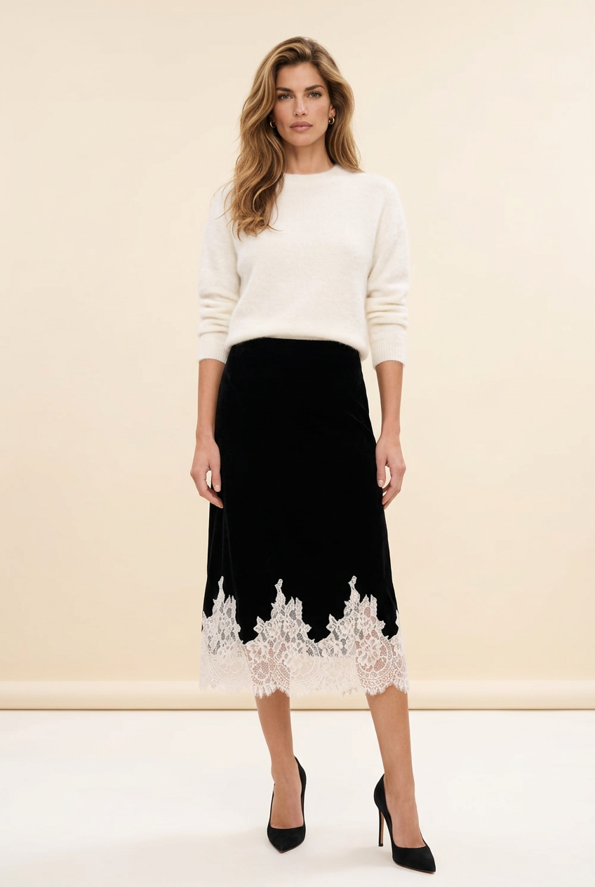 GEORGIANA VELVET MIDI SKIRT BLACK
