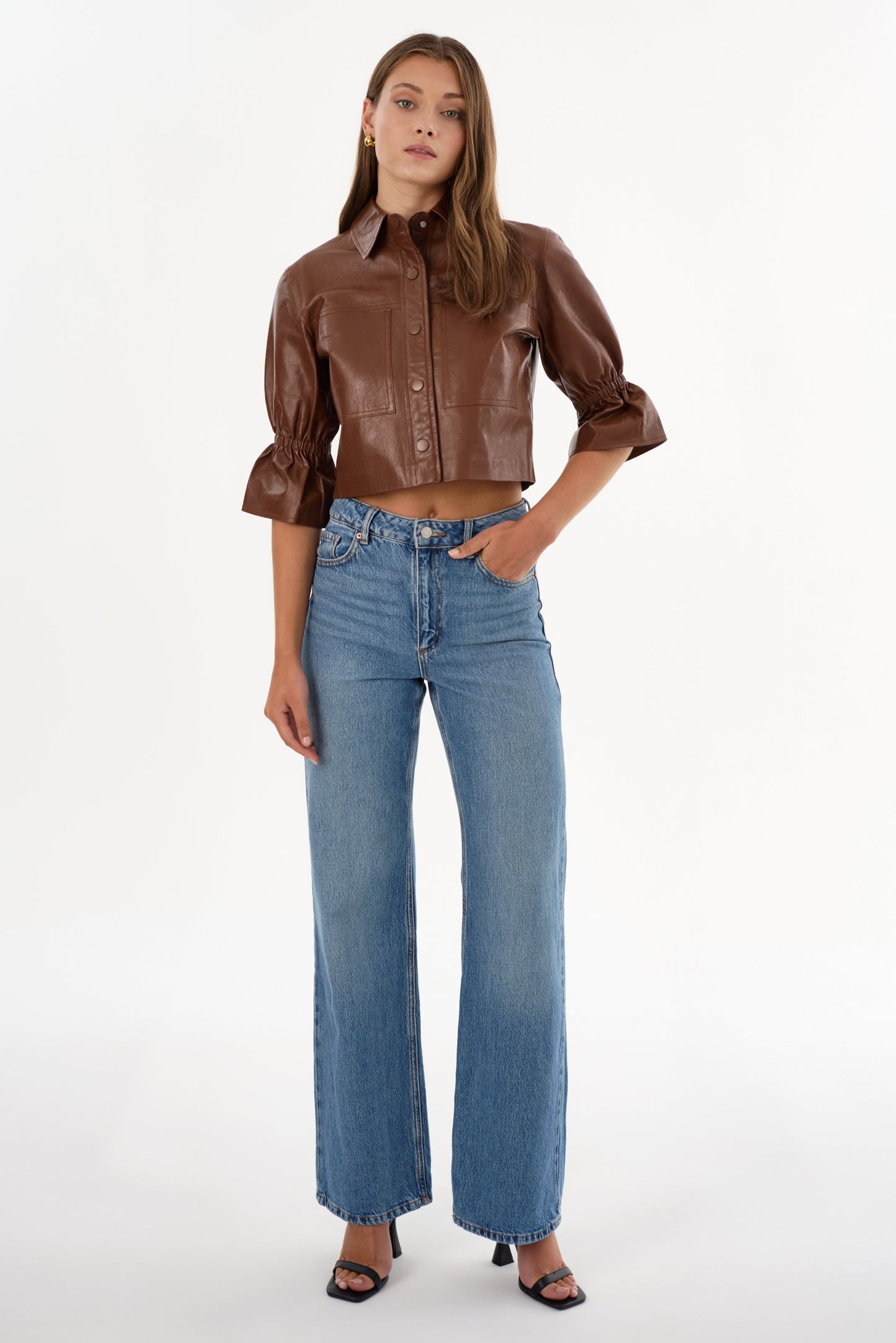 Carolina Cropped Ruffle-Sleeve Leather Jacket