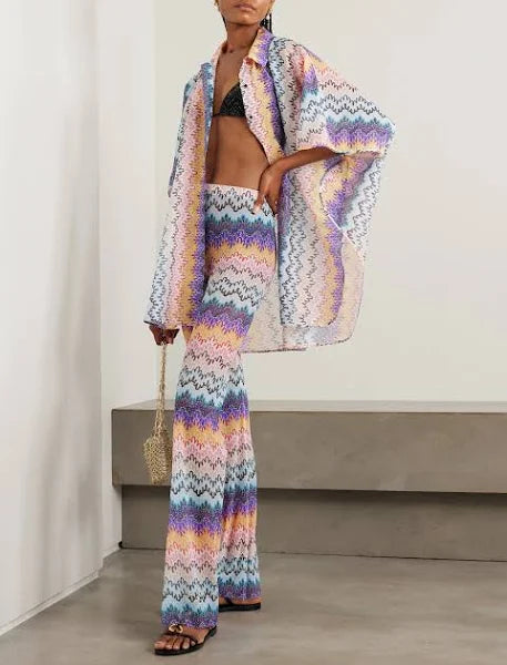 Printed mesh flared pants