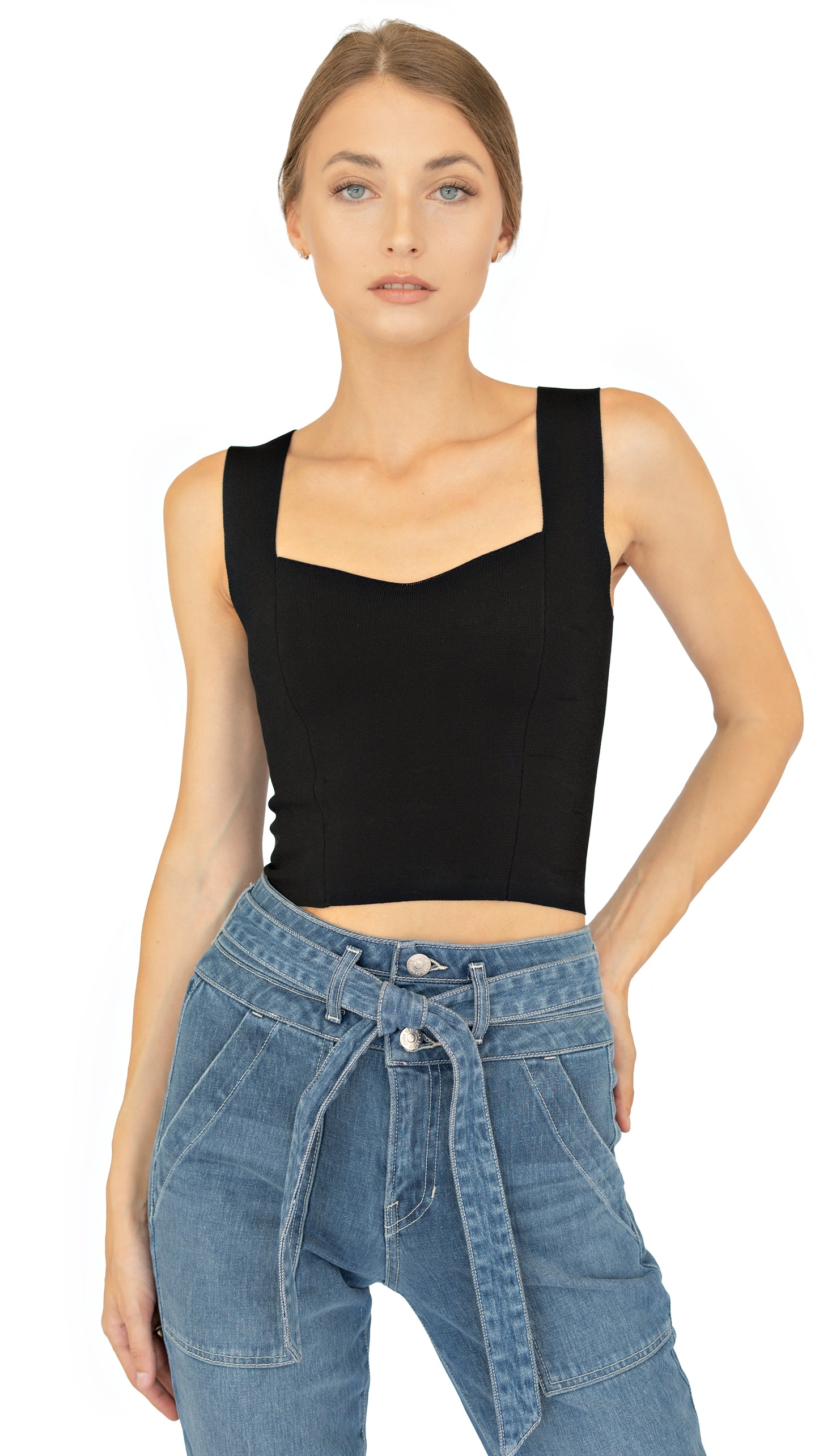 ALC cropped knit black top with sweetheart neckline