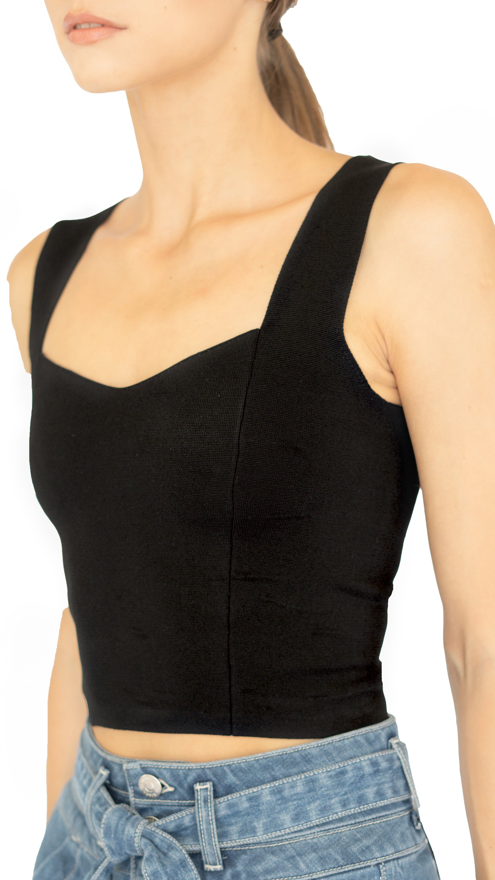 ALC cropped knit black top with sweetheart neckline